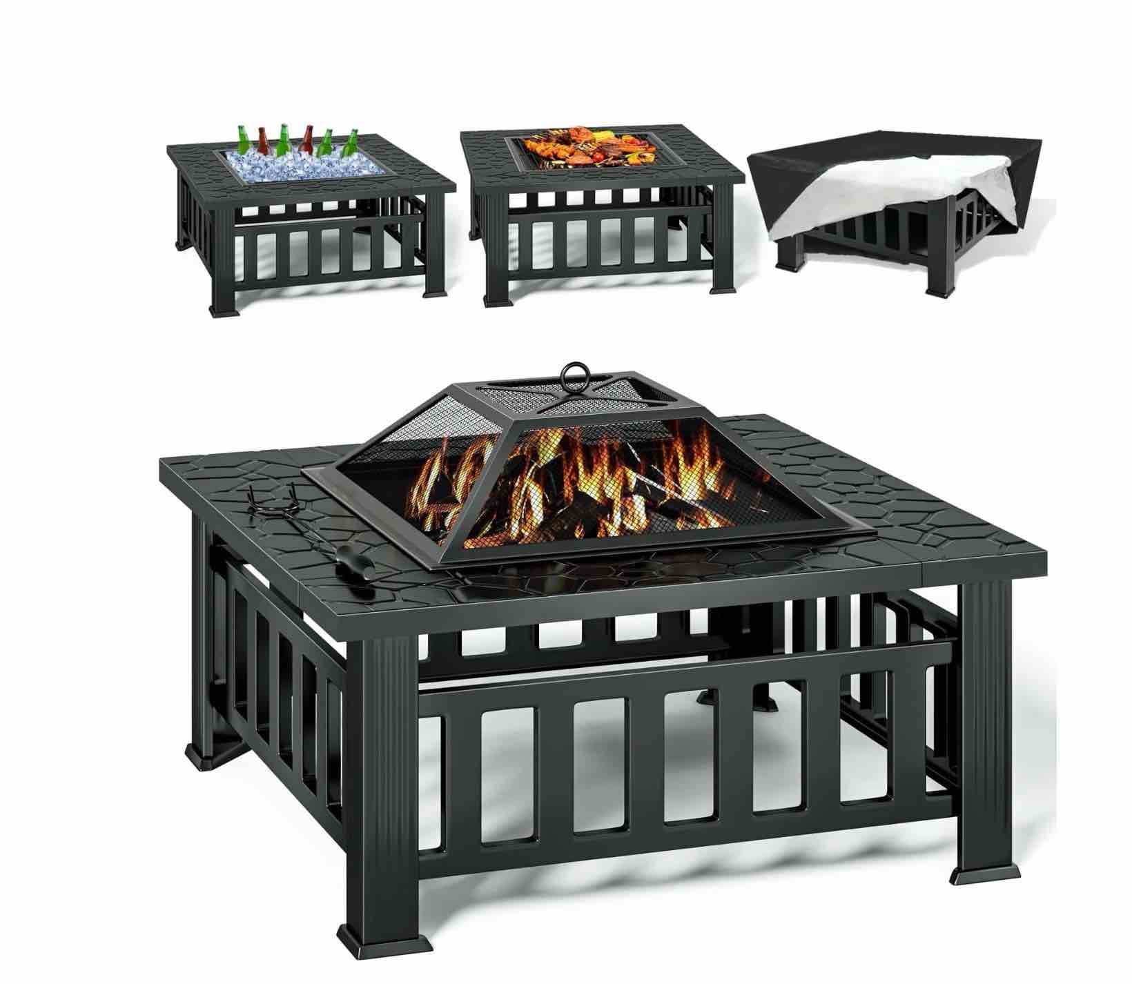 kingchii 32" fire pit table wood burning square metal firepit for outdoor, patio backyard bbq with mesh lid, poker and cover, black
