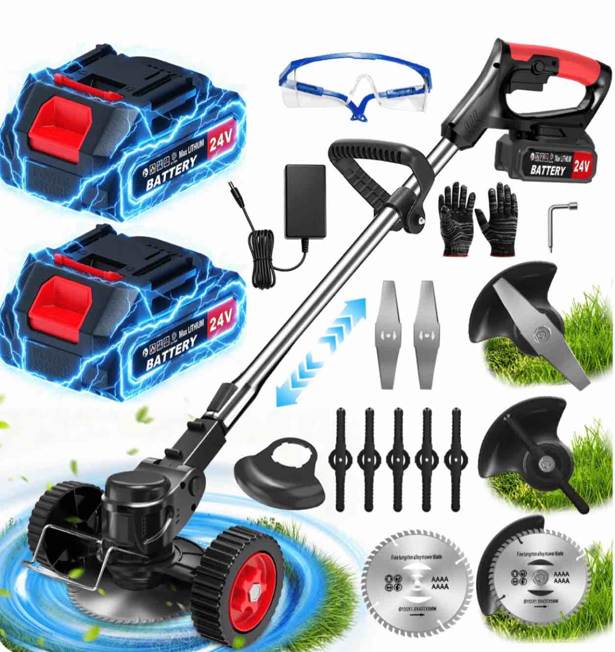 tntants electric weed wacker cordless string trimmer with wheels 2pcs 24v batteries 3 types of blades adjustable length weed eater grass trimmer/edger/brush cutter for lawn yard garden (black)