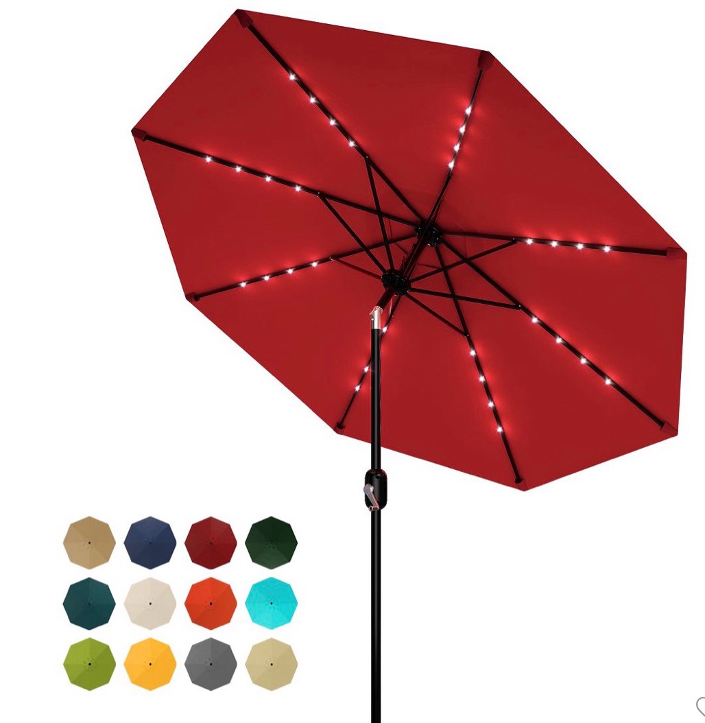 10ft solar umbrella outdoor - lighted solar patio umbrella with 40 led lights waterproof uv protection, table umbrella with tilt for pool, porch, garden, deck, backyard (red