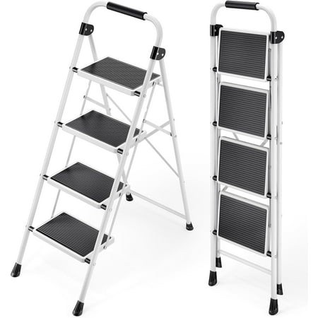 edx 4-step folding step stool for adults - 330 lbs capacity sturdy steel frame wide non-slip pedal & top handrail lightweight portable ladder for h
