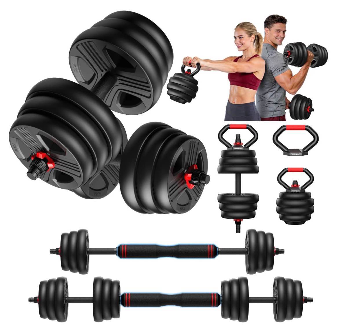 90lbs free weight set with connector  6 in1 dumbbells set used as barbell  kettlebells  push up stand  fitness exercises for home gym suitable men/women