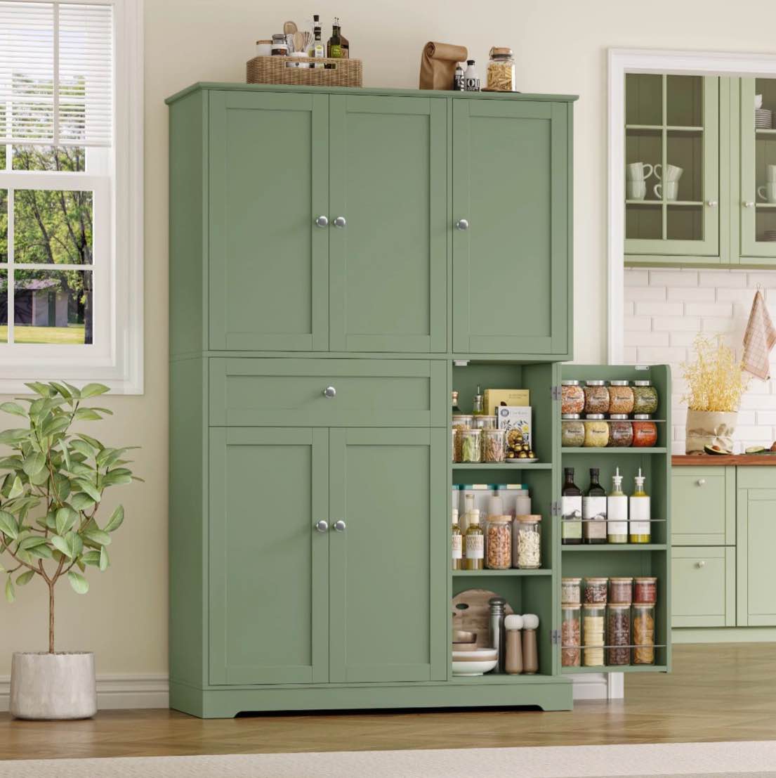 homfa kitchen pantry storage cabinet, 68" food pantry cabinet with drawer and door shelf, 6 door freestanding cupboard buffet for dining room, green