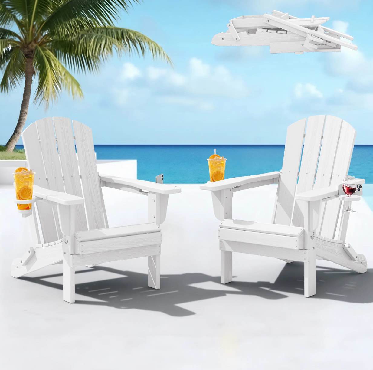 serwall folding adirondack chair set of 2 with dual cup holders & phone holder, all-weather hdpe fire pit chairs for outdoor, patio, poolside, garden - white