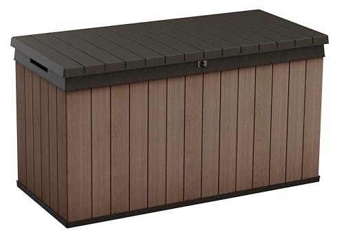 keter darwin 150 gallon resin large deck box - organization and storage for patio furniture outdoor cushions garden tools and pool toys brown