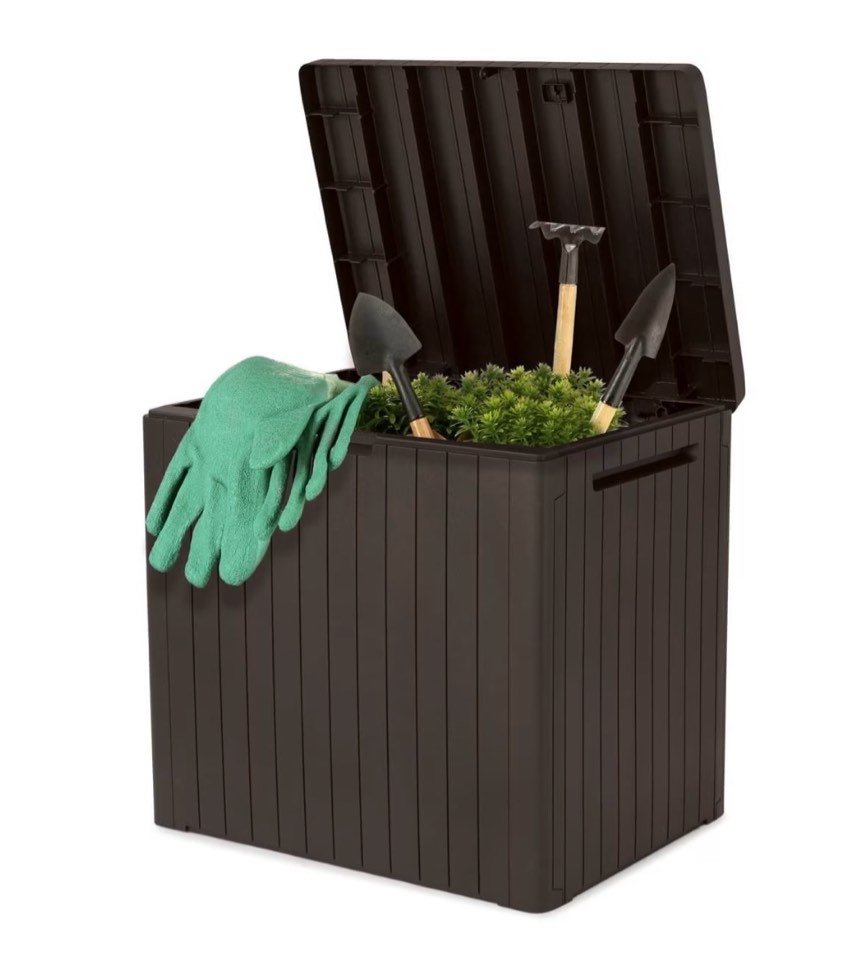 keter city box 30 gallon durable resin outdoor deck box storage organization brown
