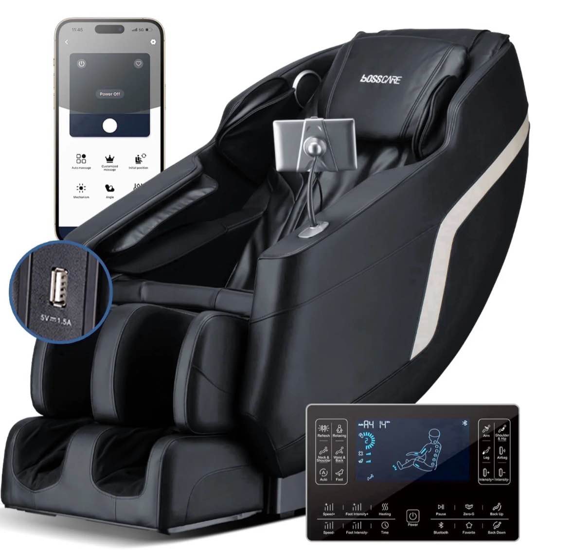 bosscare full body shiatsu recliner massage chair zero gravity with usb port and app, black
