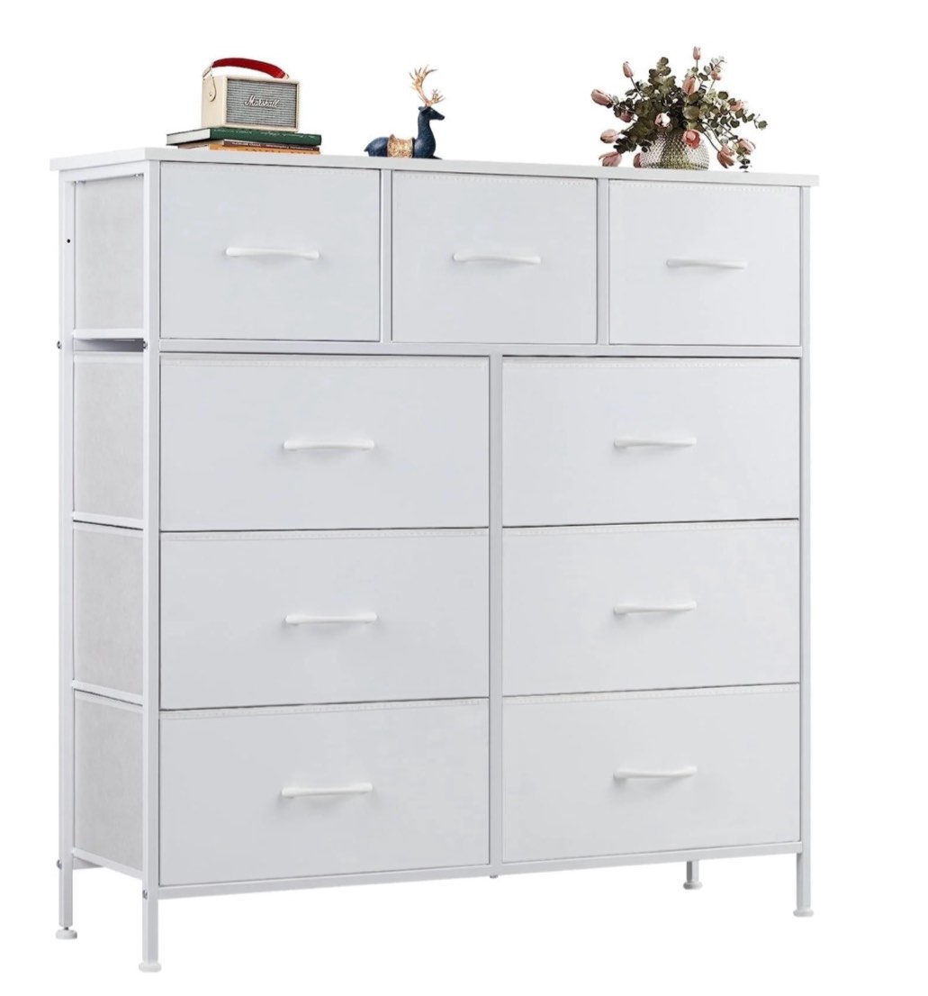 edx fabric storage dresser with 9 drawers, steel frame and wooden top for bedroom, closet and entryway , white