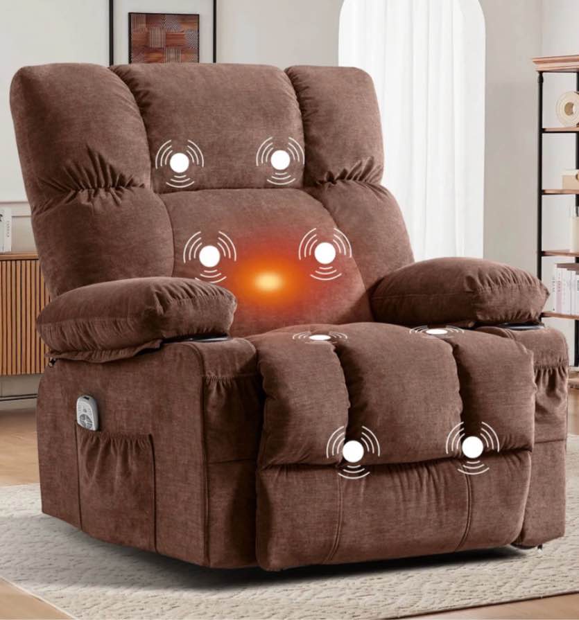 jonpony manual recliner chair with heat therapy and massage function, heavy duty reclining mechanism massage chair, elderly single rocker sofa with cup holders for bedroom home theater,brown