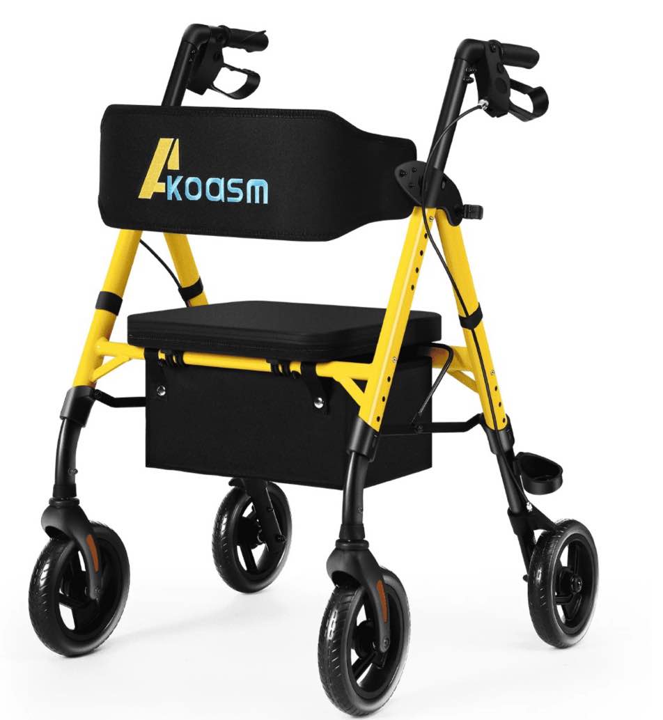 lightweight foldable rollator walkers for seniors with seat - adult rolling walker with seat and brakes, 300 lb capacity, all terrain 8" big roller wheels, adjustable handles and seat height, yellow