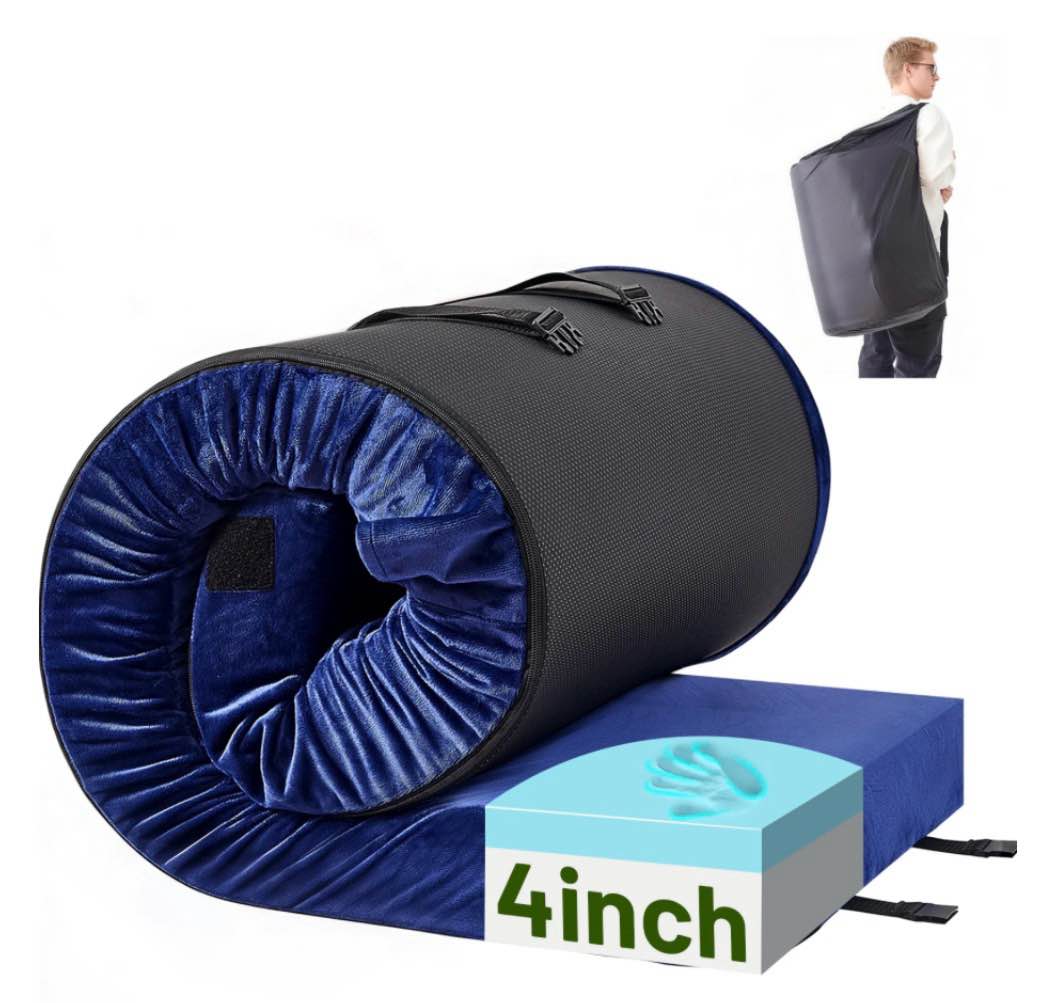 dhole 4 inch gel memory foam camping mattress, certipur-us certified thick sleeping pad, waterproof & soft fleece top, portable roll-up mat with multi-function storage bag & pillow for tent camping
