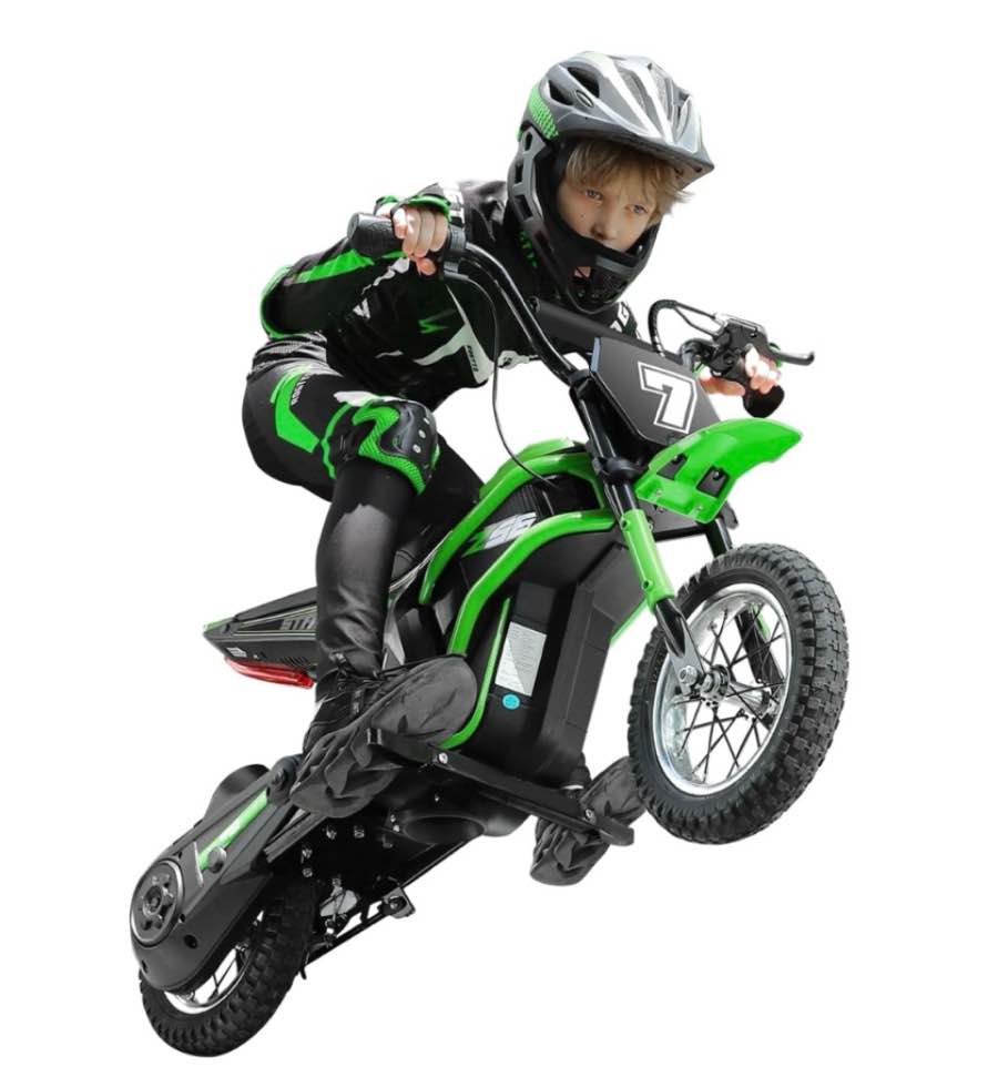 24v electric dirt bike neche 250w powered motorcycle ride on dirt rocket with shock absorption suspension for kids age 13+ max 14 mph green