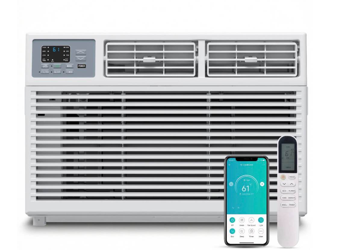 simzlife 10 000 btu window air conditioner with app cools up to 450 sq ft 4 cooling modes remote control white