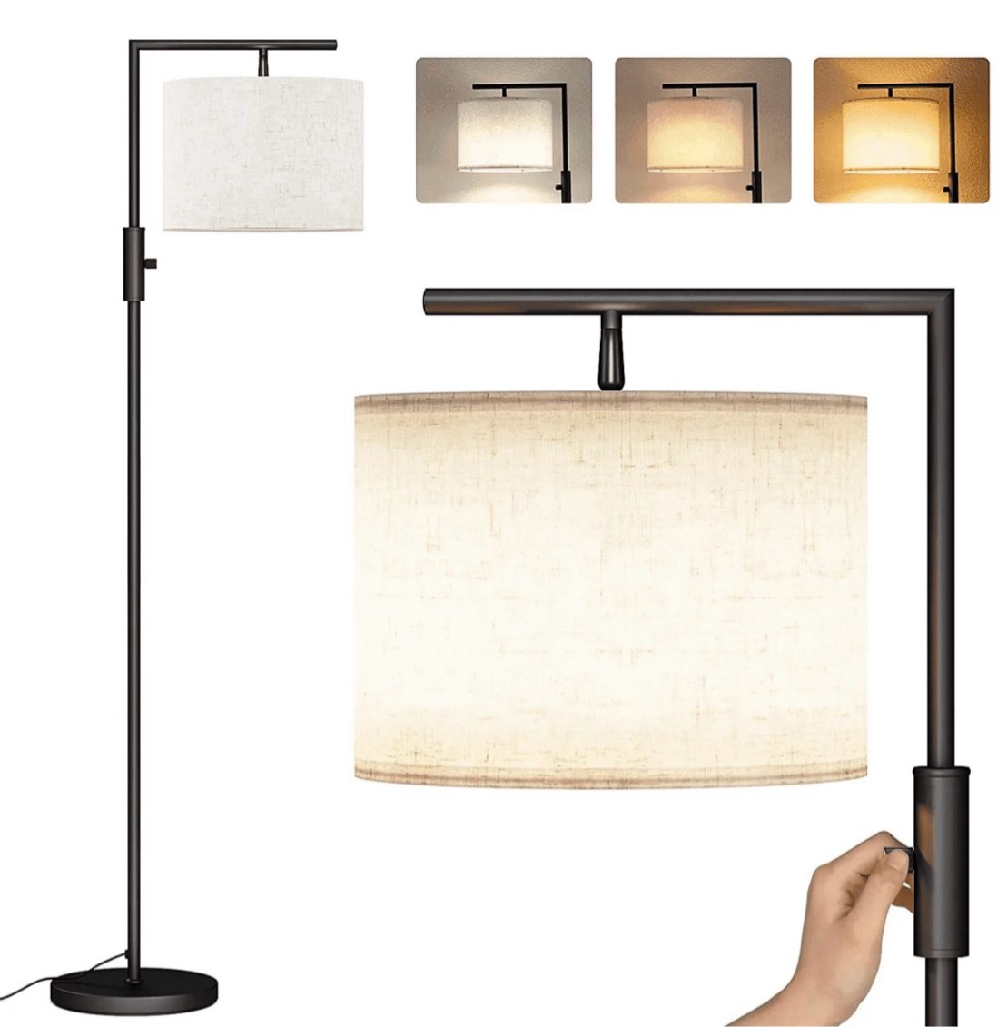 sunmory iron modern standing lamp, gold floor lamp for living room, with rotary switch, hanging shade and 3 color temperatures 9w bulb for bedroom, study room, office