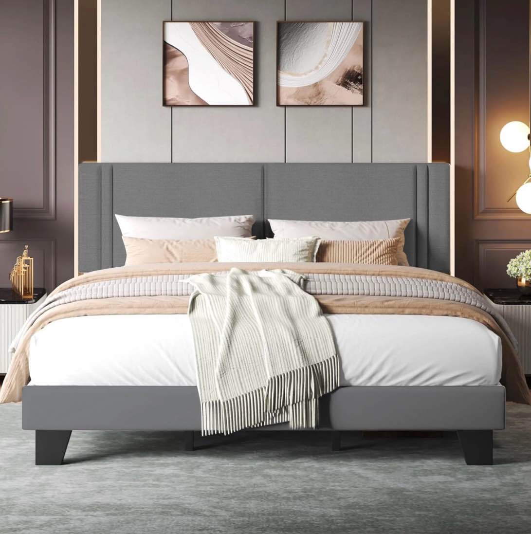 jonpony upholstered queen headboard,solid wood head board with linen fabric,adjustable height headboard from 37" to 51",bed frame adapters,headboard only,gray