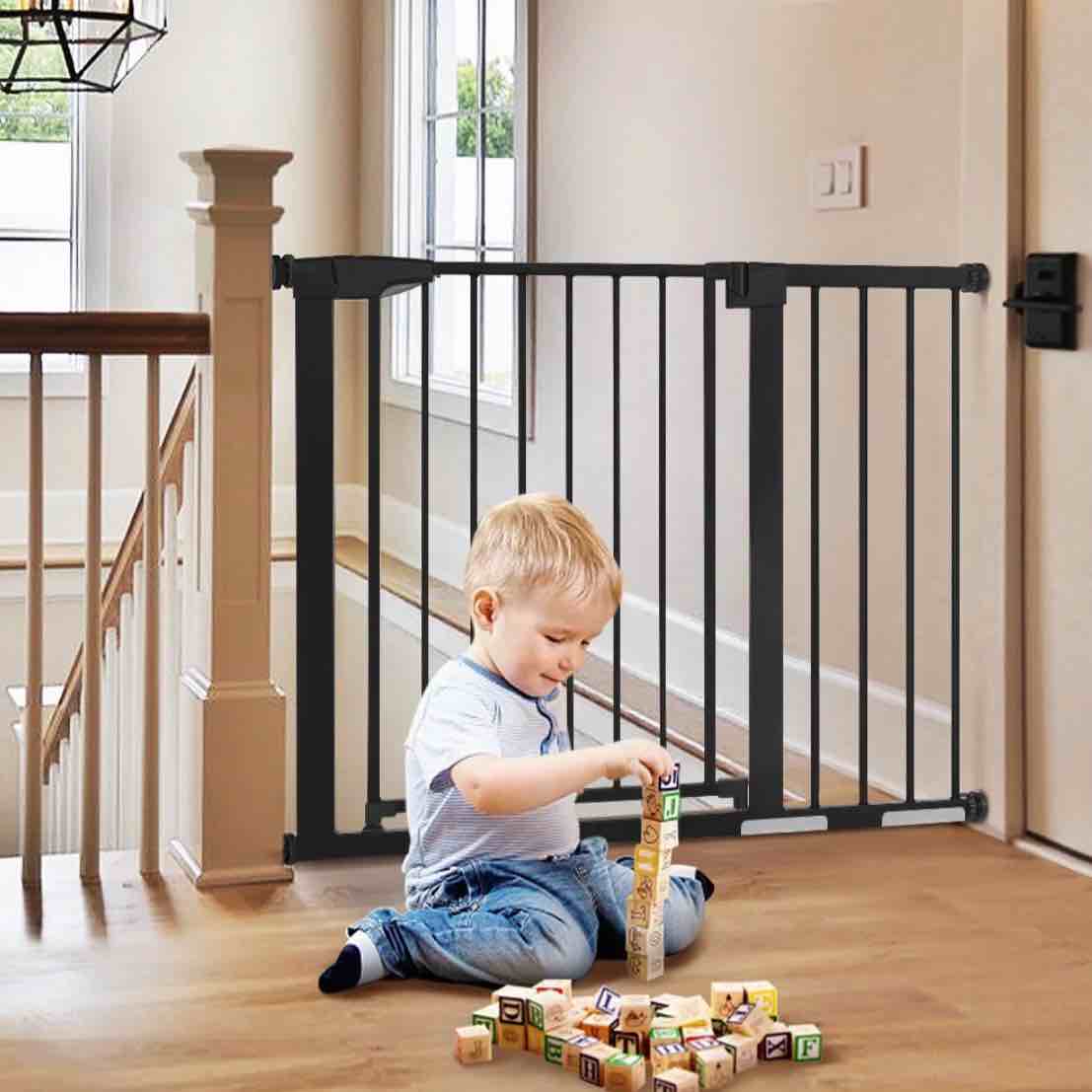 29.5"-43.3" caveen extra wide safety baby gate for stairs doorways, top of stairs, black