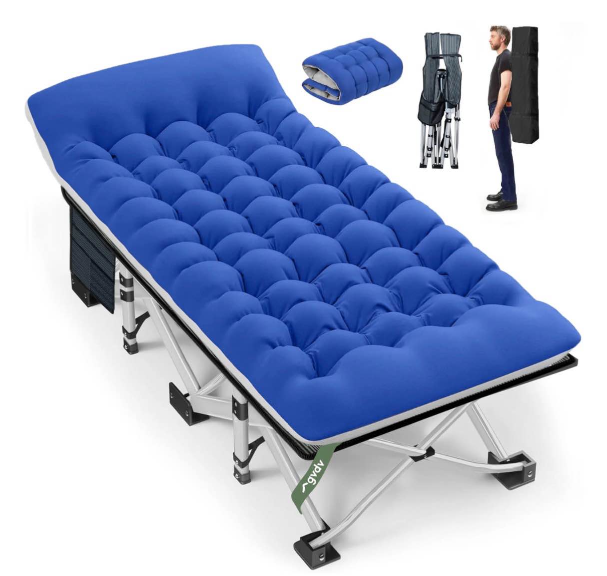 gvdv folding camping cot for adults with 2 sided mattress - 75" x 28" cot, 1200d oxford portable cot bed with carry bag for camp travel guest, blue