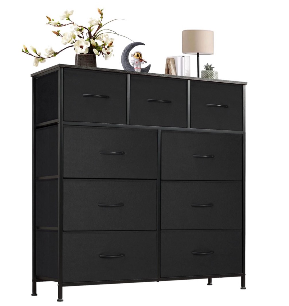 concetta 9-drawer fabric dresser, tv cabinet sideboard, storage organizer cabinet for living room, bedroom, office, black