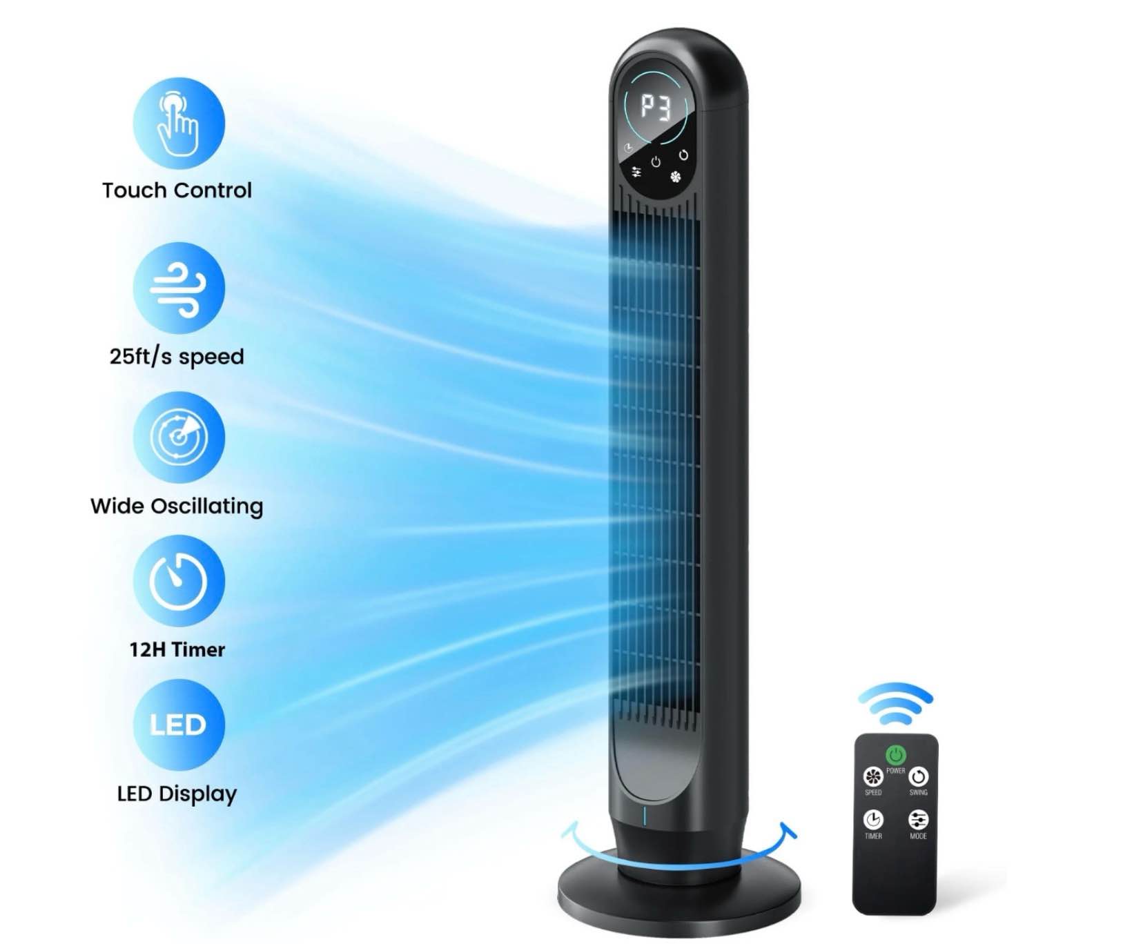 tower fan with remote 31 bladeless floor fans for home 4 modes & 4 speeds 12h timer led display 80° oscillating wide cooling for bedroom office