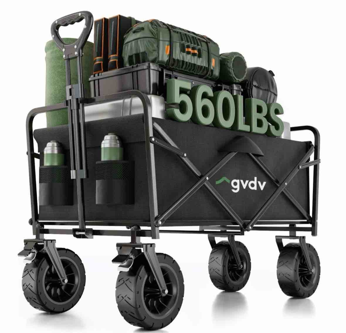 gvdv collapsible folding wagon, 560lbs large heavy duty utility cart with all-terrain wheels and adjustable handles for shopping, camping, sports, outdoor, beach, black