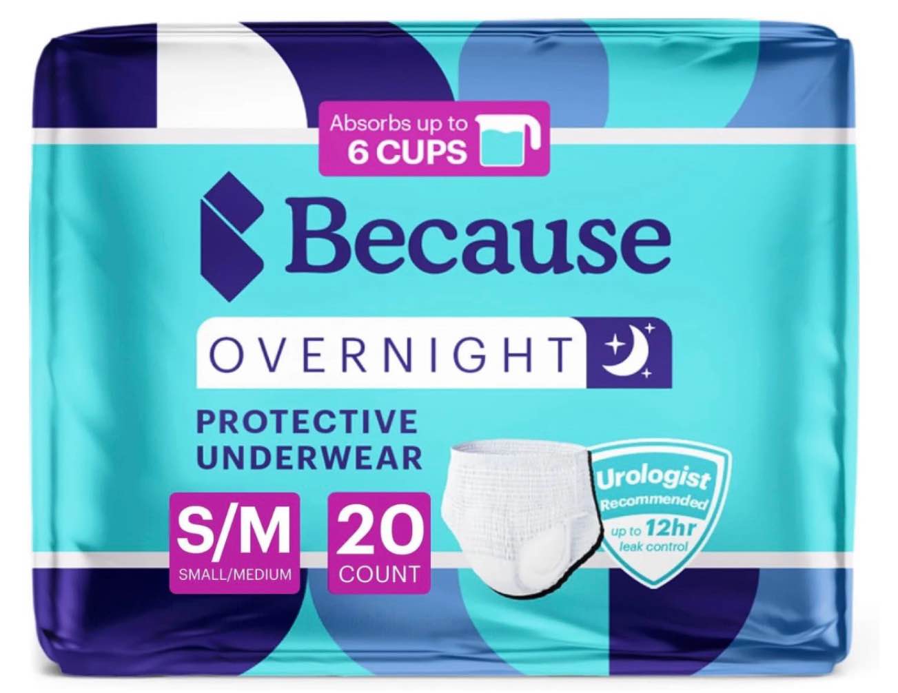because premium overnight plus incontinence underwear - white  s/m  20 ct