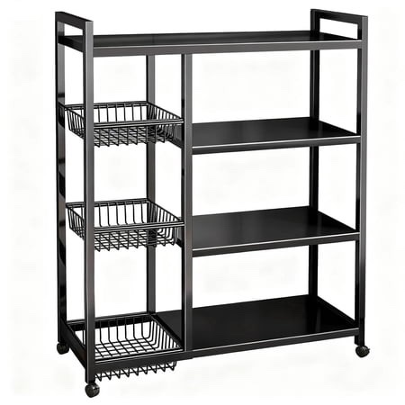 movable wire rack heavy-duty 4-tier storage shelf with 3 baskets and wheels metal shelves organizer for kitchen bathroom office garage 31.5 l*1
