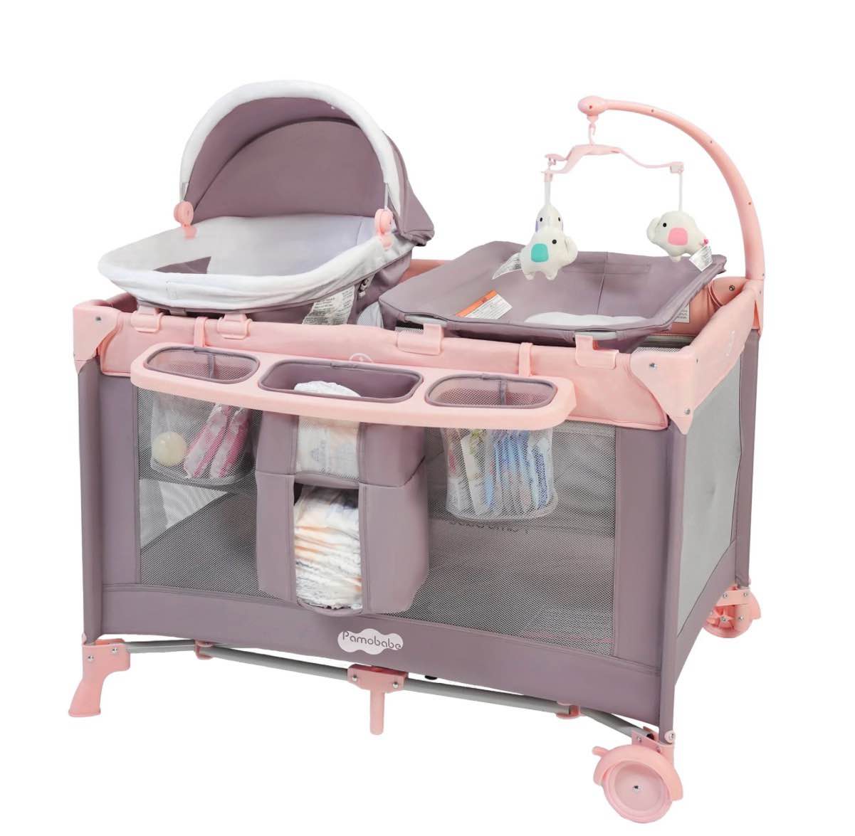pamo babe 4-in-1 baby playard with bassinet & changing table for newborn,4-panels playpen