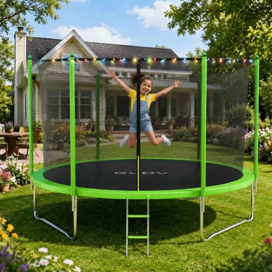 gvdv outdoor trampoline, 8 ft backyard recreational trampoline with enclosure for kids & adults