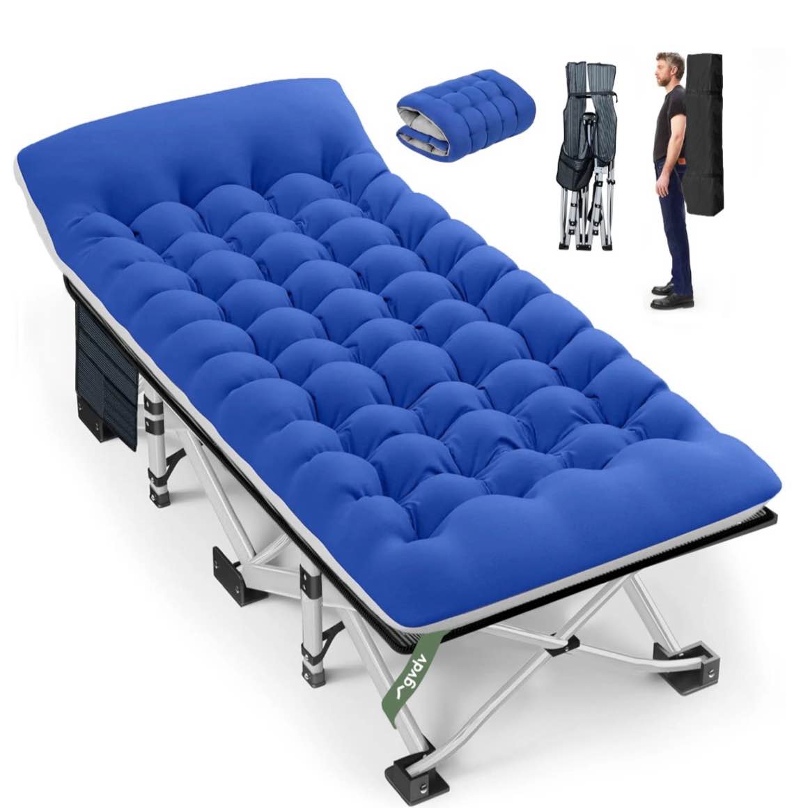 gvdv folding camping cot for adults with 2 sided mattress - 75" x 28" cot, 1200d oxford portable cot bed with carry bag for camp travel guest, blue