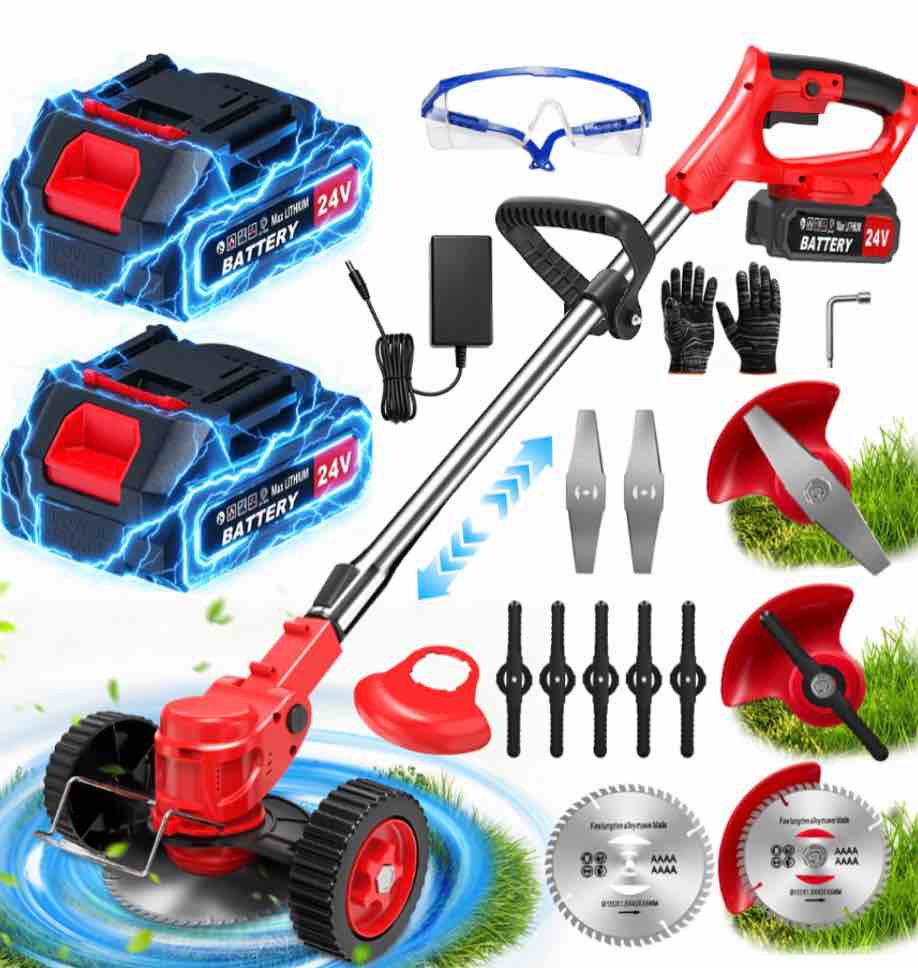 tntants electric weed wacker cordless string trimmer with wheels 2pcs 24v batteries 3 types of blades adjustable length weed eater grass trimmer/edger/brush cutter for lawn yard garden (red)