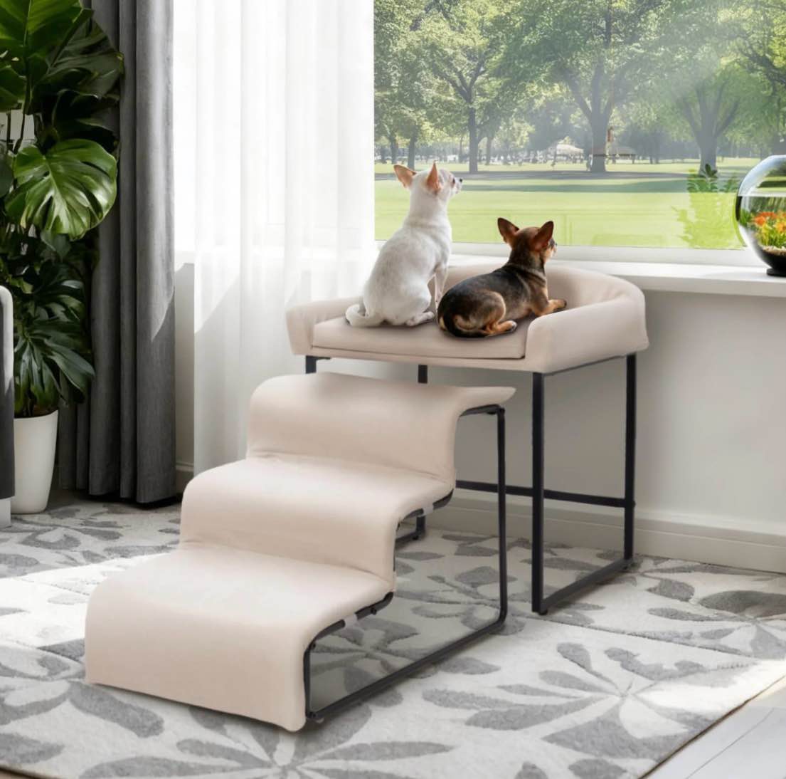 dog window perch with stairs, pet stairs ramp with seat, dog perch to look out window with ramp, lounge elevated dogs bed, small pet step, multi-level platform with foam upholstery