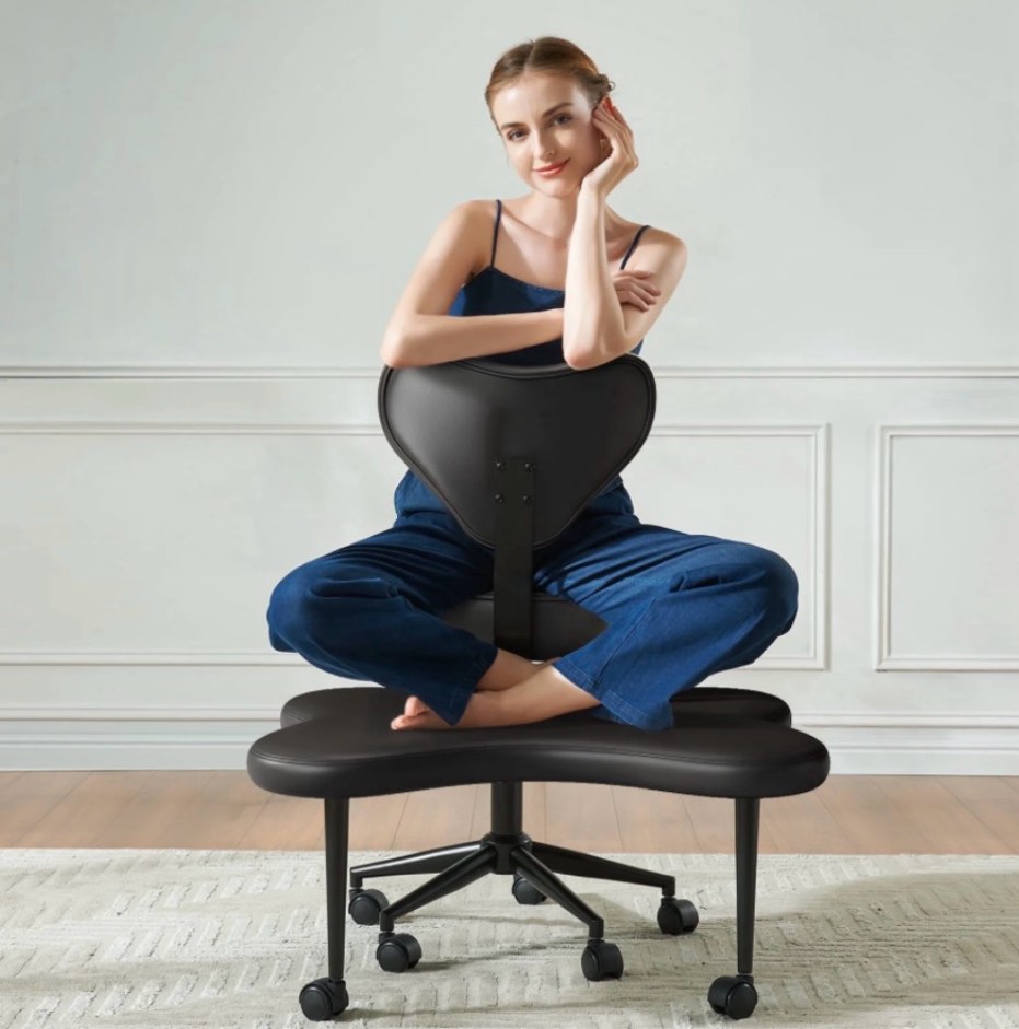 pinmoco upgraded ergonomic cross legged swivel chair, adjustable height and pu leather, meditation chair with back support, home and office, black