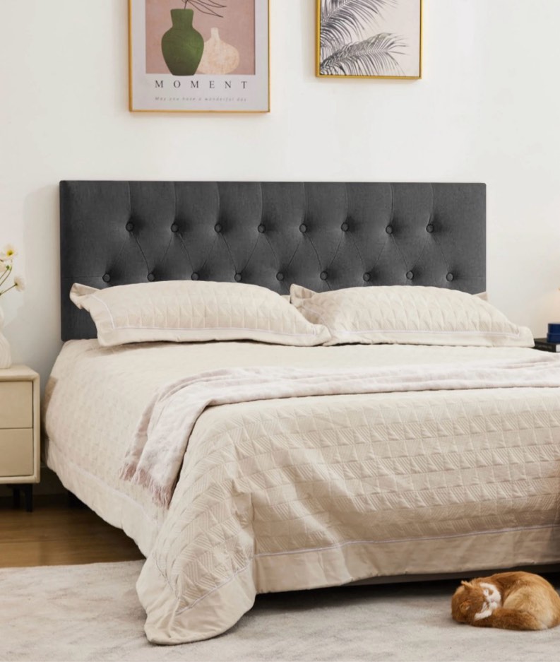 jonpony tufted upholstered headboard queen size, solid wood head board with adjustable height headboard from 37" to 51",bed frame adapters,black,headboard only