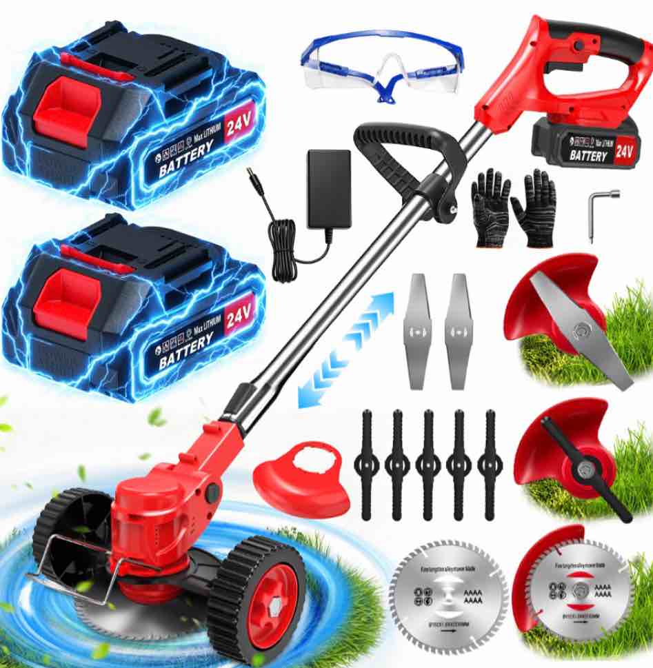 tntants electric weed wacker cordless string trimmer with wheels 2pcs 24v batteries 3 types of blades adjustable length weed eater grass trimmer/edger/brush cutter for lawn yard garden (red)