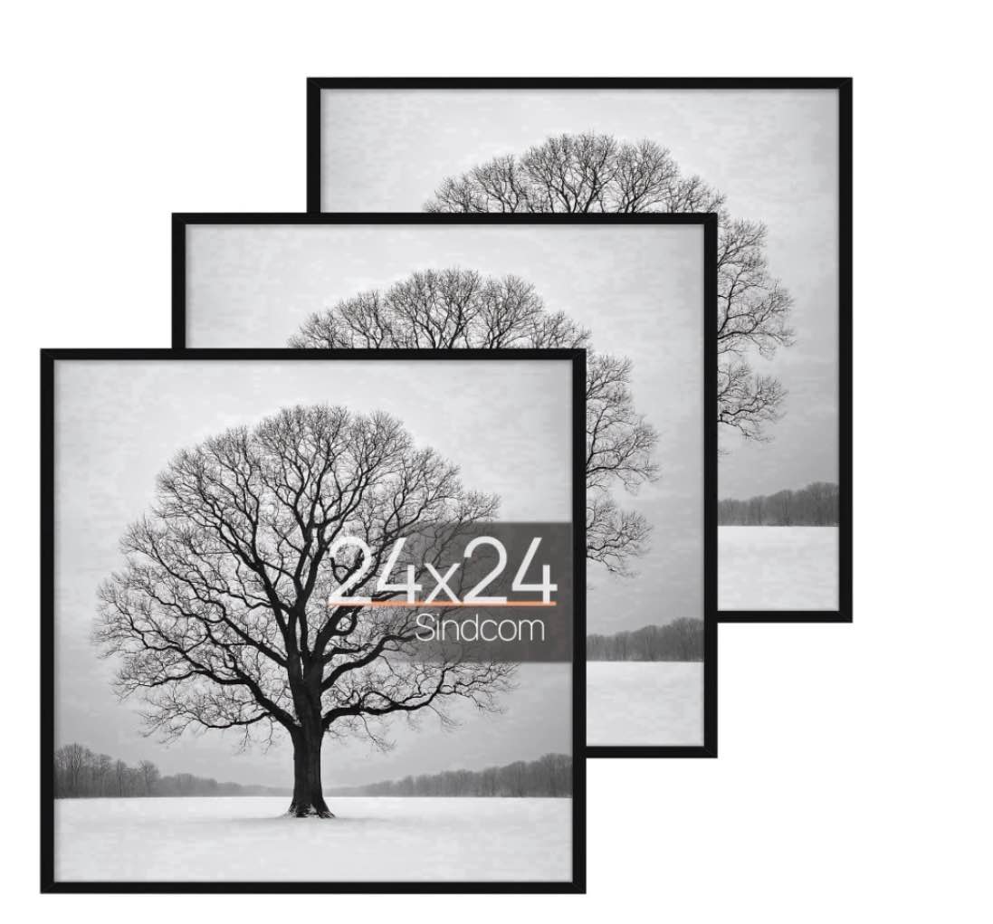 sindcom 24x24 picture frames  gallery wall poster frames set of 3  black display pictures 11×14  12×12  16×24  18×24 with mat or 24x24 without mat