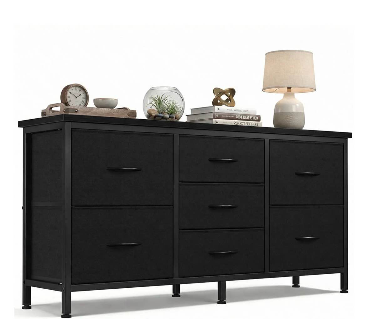 edx 7 drawer dresser for bedroom, 47.2" fabric drawers with wood top metal frame, wide storage organizer for closet, hallway & living room, black