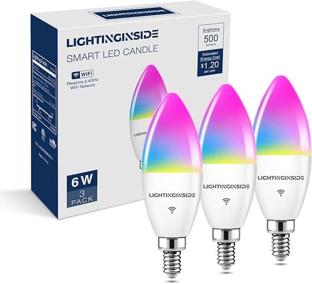 lightinginside e12 smart light bulbs 60w equiv., work with alexa/google home/smartlife, 500lm 6w rgbcw candle candelabra led bulbs, no hub required, 2.4g wifi & ble chandelier bulb, etl listed, 3pcs 3 count (pack of 1)