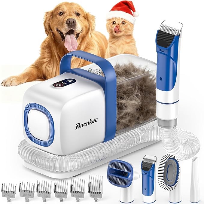 buenkee dog grooming kit with vacuum, 15000pa pet hair clipper and shedding brush, 50db low noise, 2l capacity, white