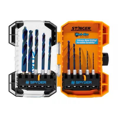 spyder stinger mach-blue 10 -piece assorted 1/4-in high-speed steel jobber length twist drill bit set