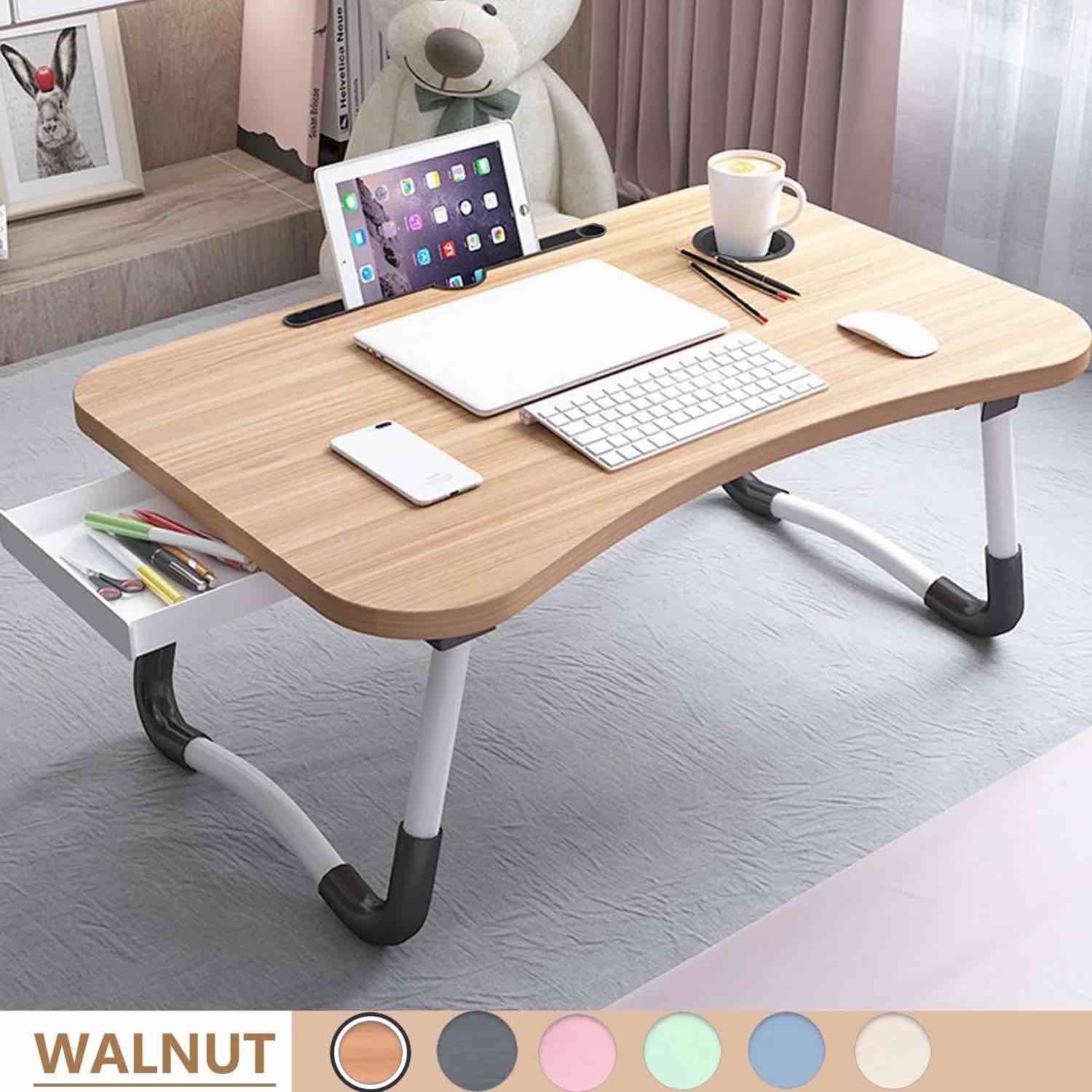 phancir foldable lap desk  23.6 inch portable wood laptop desk table workspace office organizer bed sofa tray with slots/cup holder/drawer  anti-slip for reading writing eating watching  walnut