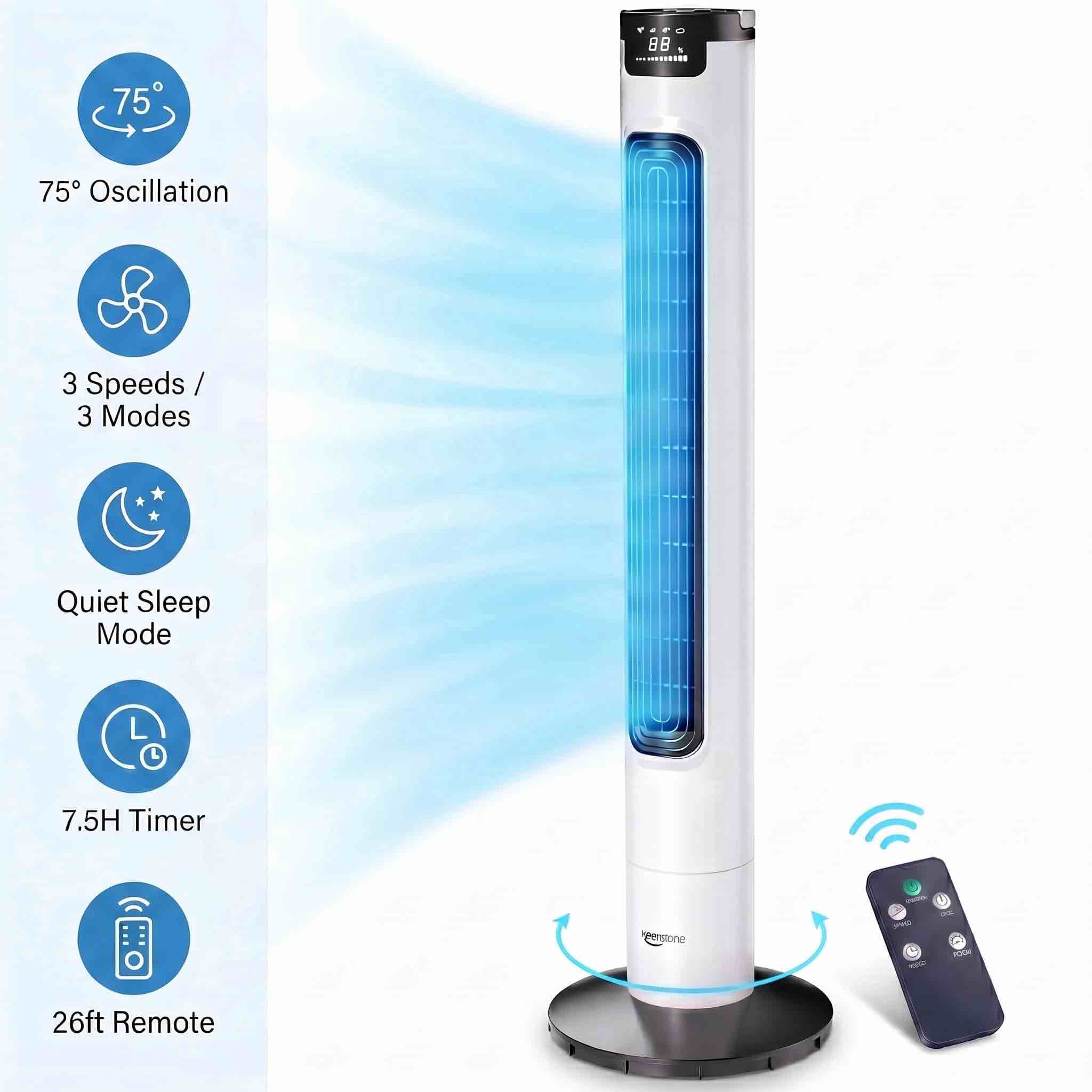 keenstone tower fan for bedroom 38 inches bladeless fan with remote control 75° oscillating fan quiet floor fan 3 speeds 3 modes 7.5h timer standing fan for home living room office - white