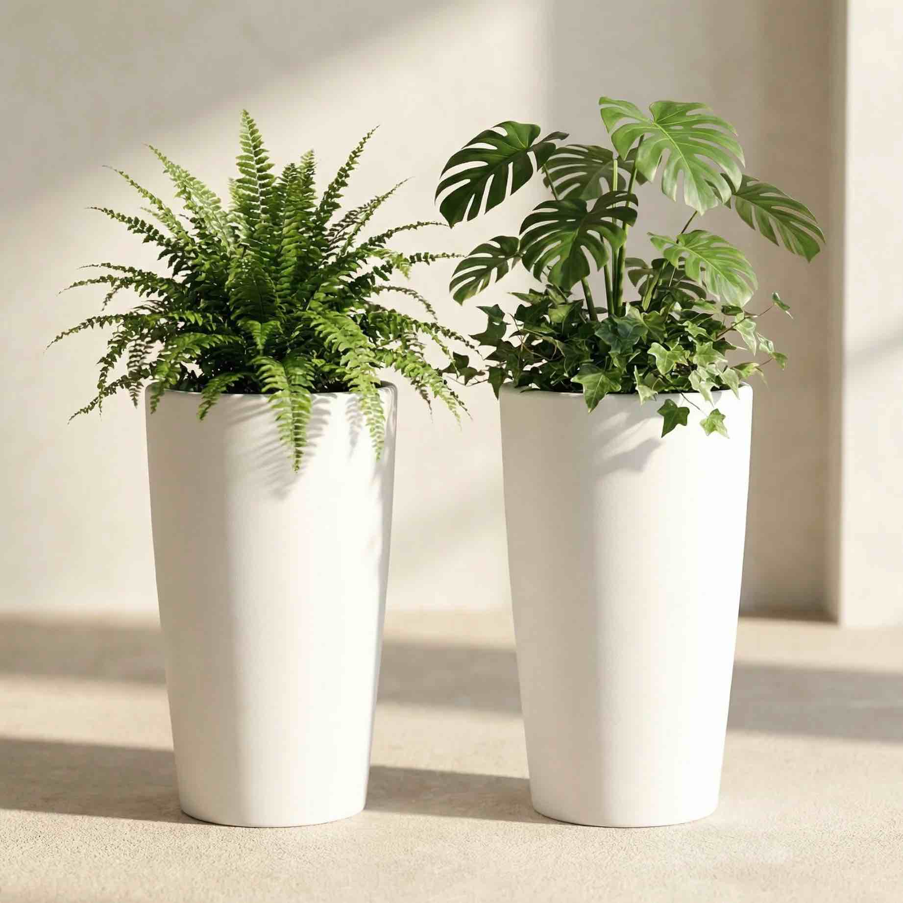 snugniture set of 2 round 22-inch tall planters, white – large indoor/outdoor pots with drainage, matte frosted finish
