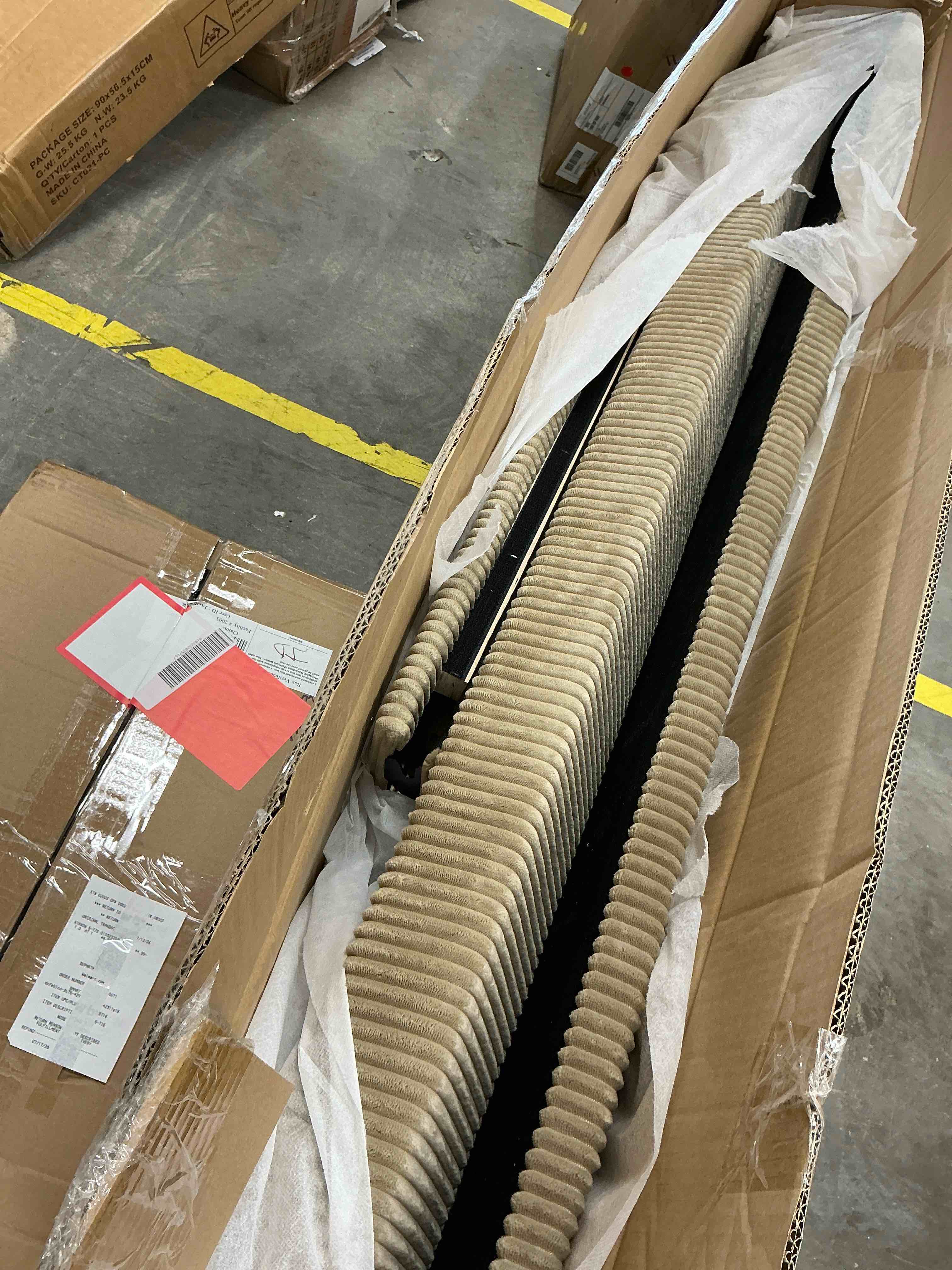 Condition photo showing As Is for bestier (size 80.91” x 62.87” x 38.58” ) corduroy bed frame with wingback headboard upholstered platform bed with wood slats no box spring needed taupe