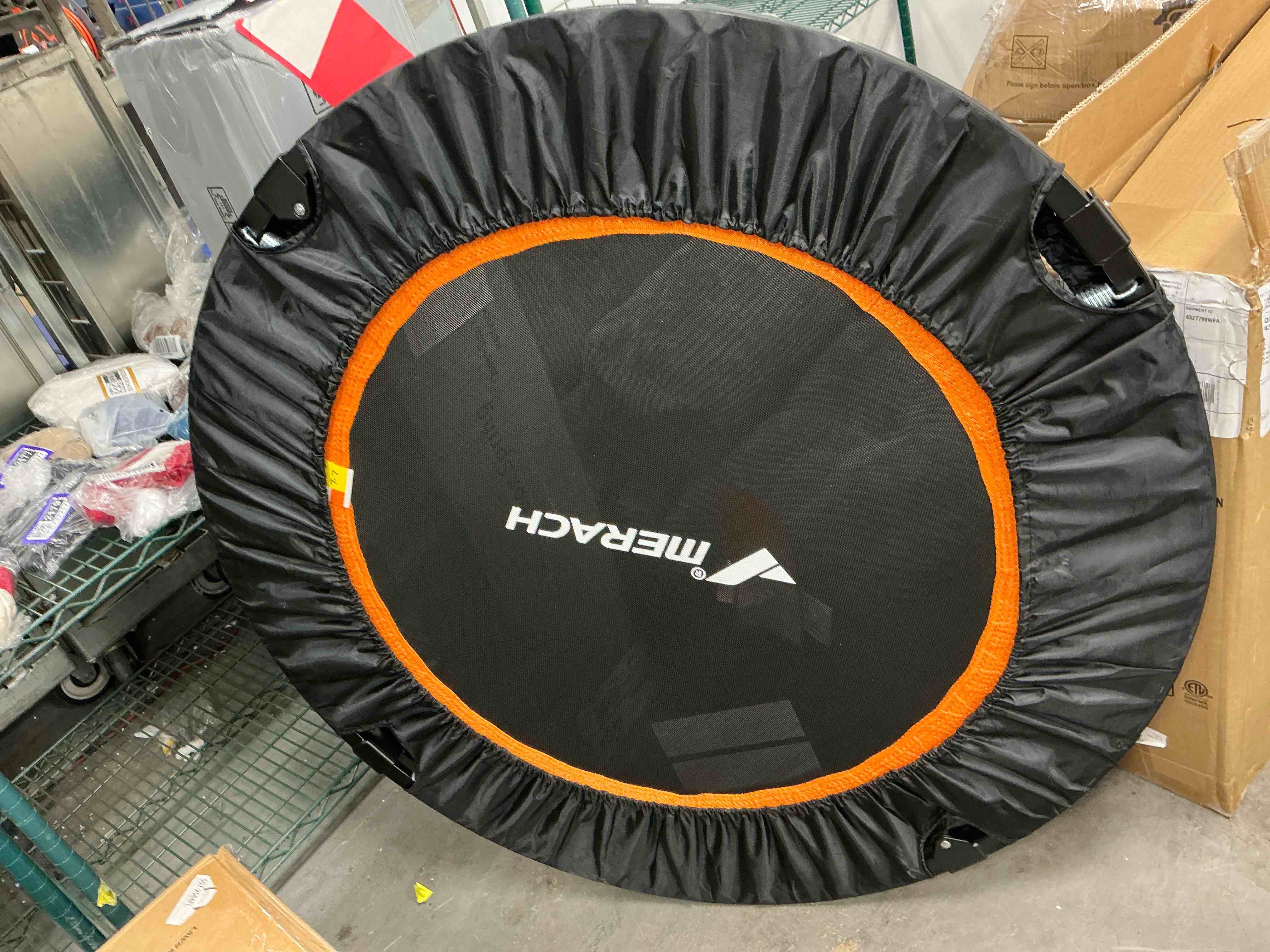 Condition photo showing As Is for merach mini trampoline, 40 inch foldable trampoline for kids & adult, exercise rebounder, round small trampoline gift, 330lbs capacity