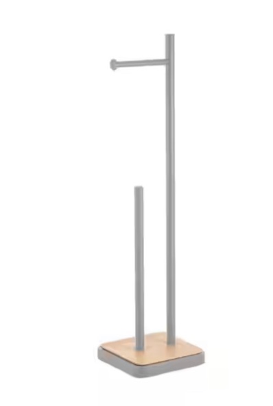 premium freestanding toilet paper holder in matte gray with bamboo accent