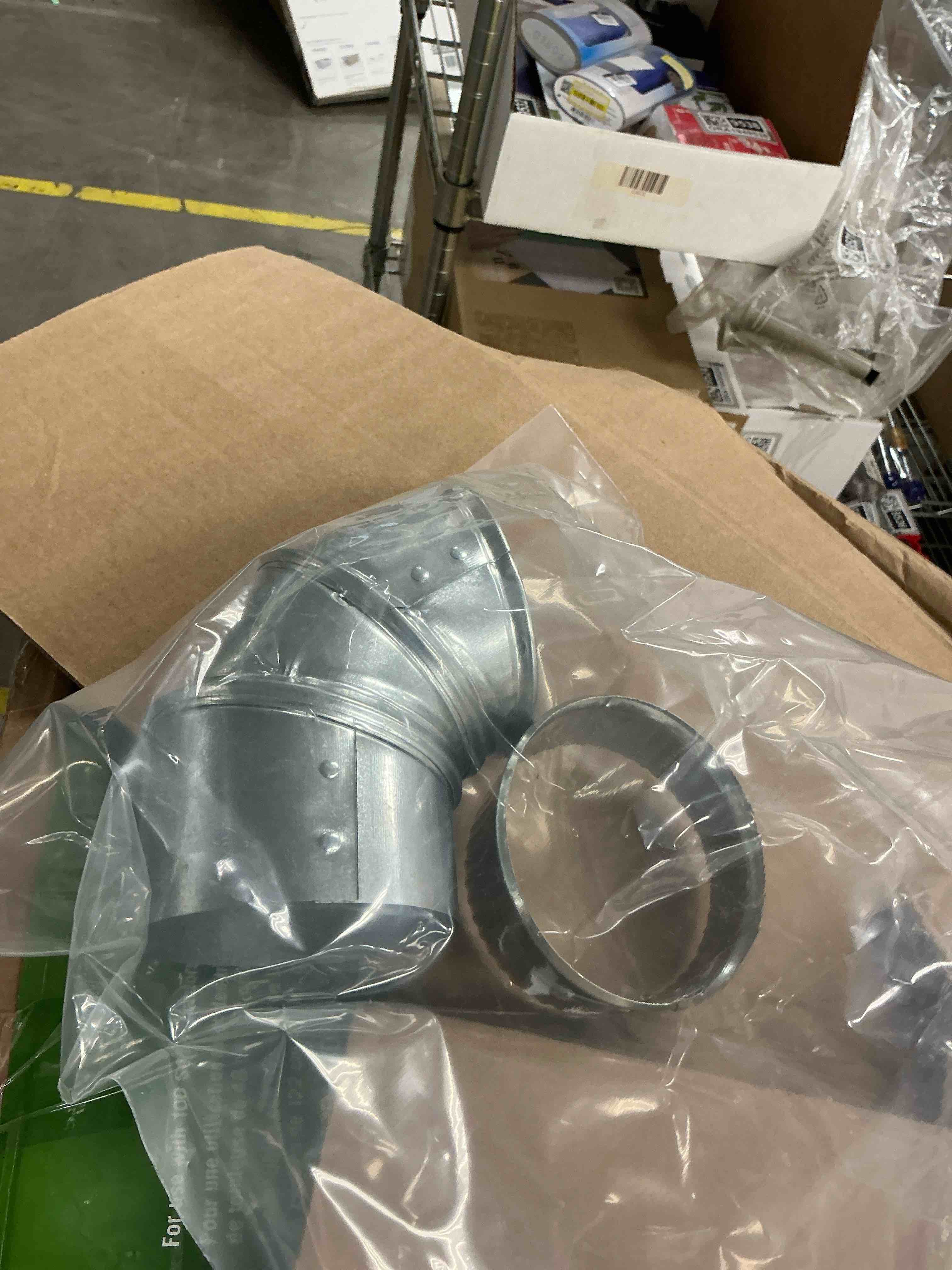 Condition photo showing As Is for imperial (1-pack) 4-in 30 gauge galvanized steel round adjustable 90 degree duct elbow