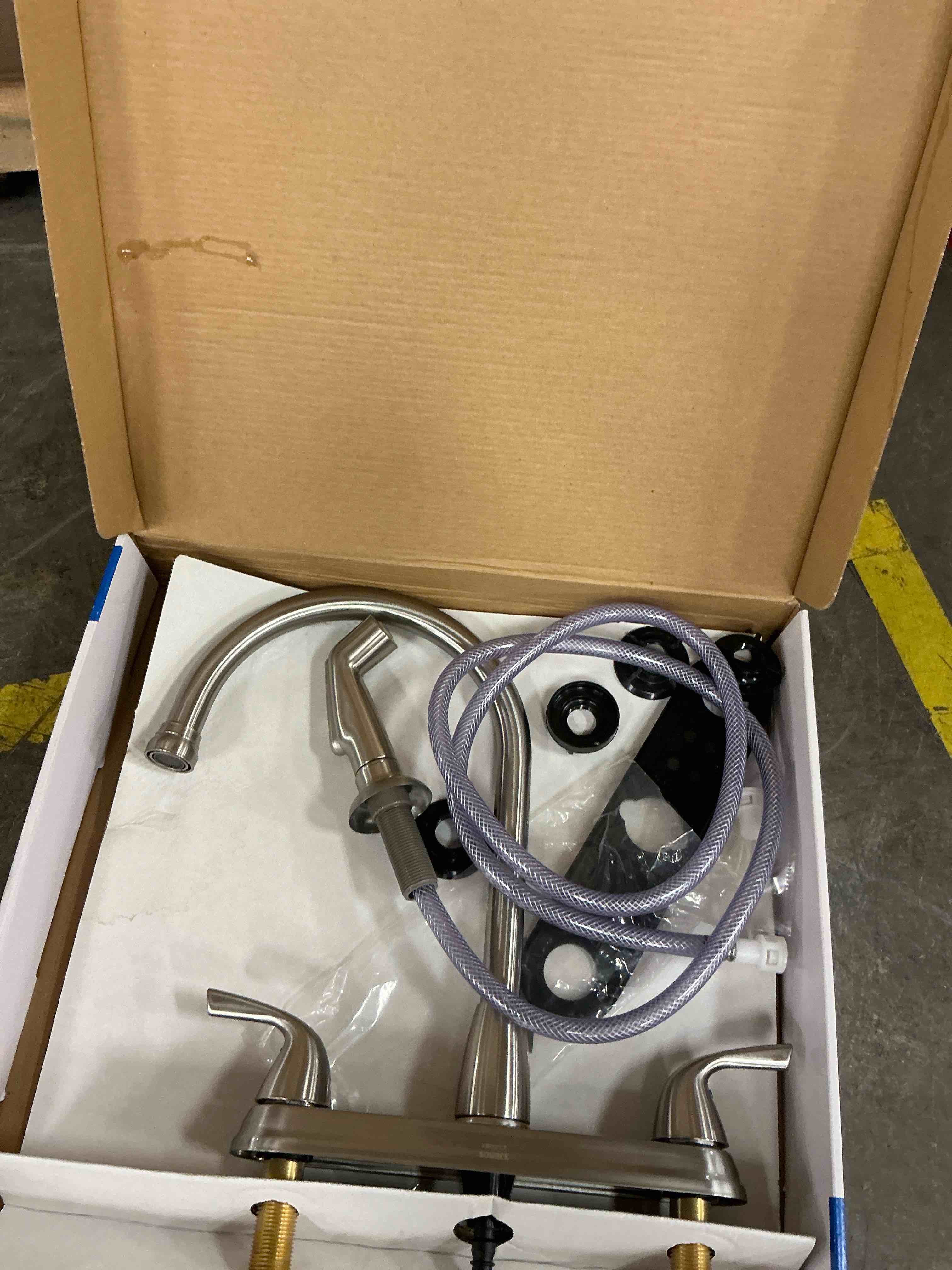 Condition photo showing Good Condition for project source everfield stainless steel double handle deck-mount kitchen faucet (includes deck plate) (includes side sprayer)