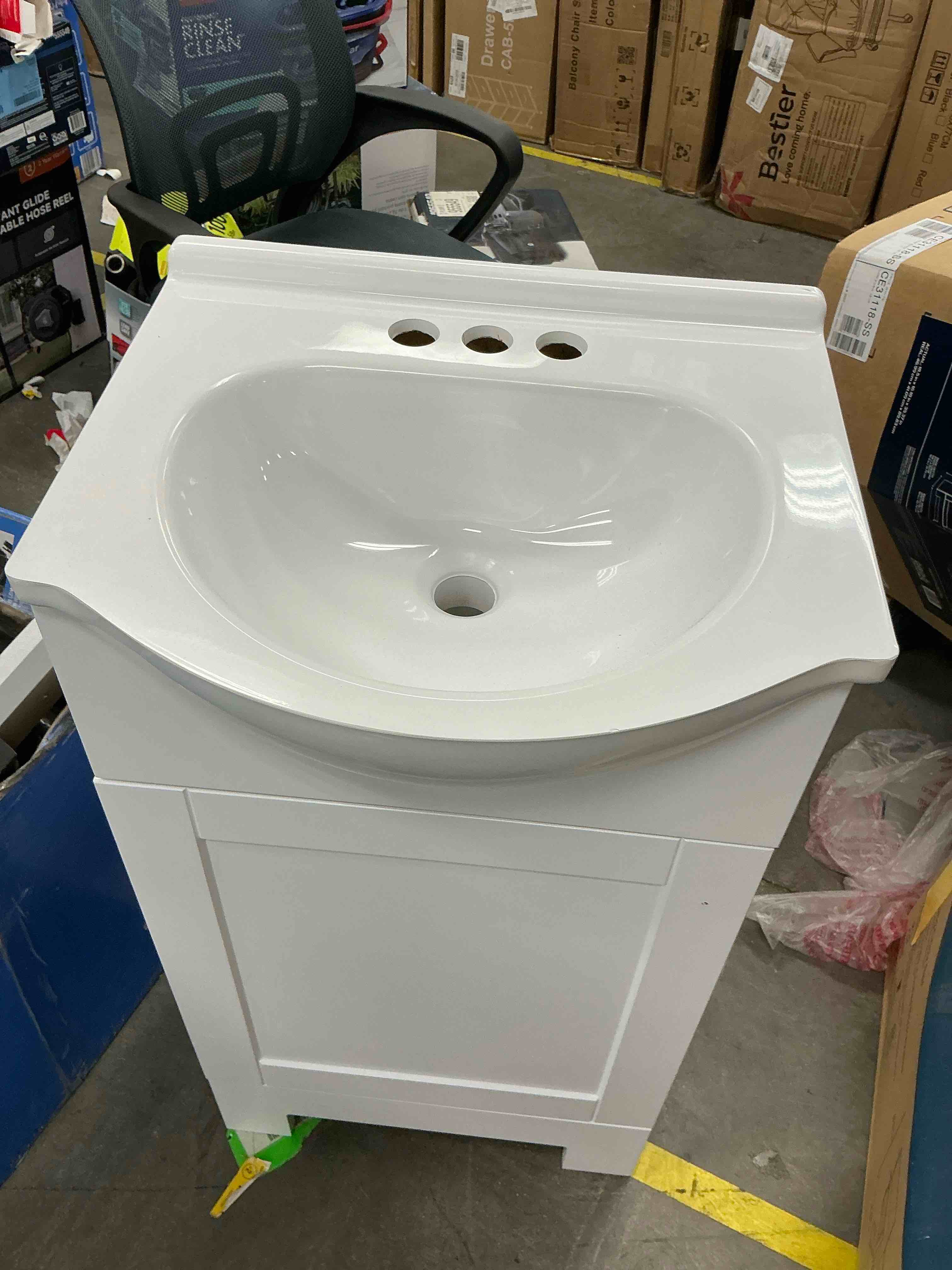 Condition photo showing Good Condition for project source euro 18-in true white single sink bathroom vanity with white cultured marble top (fully assembled)