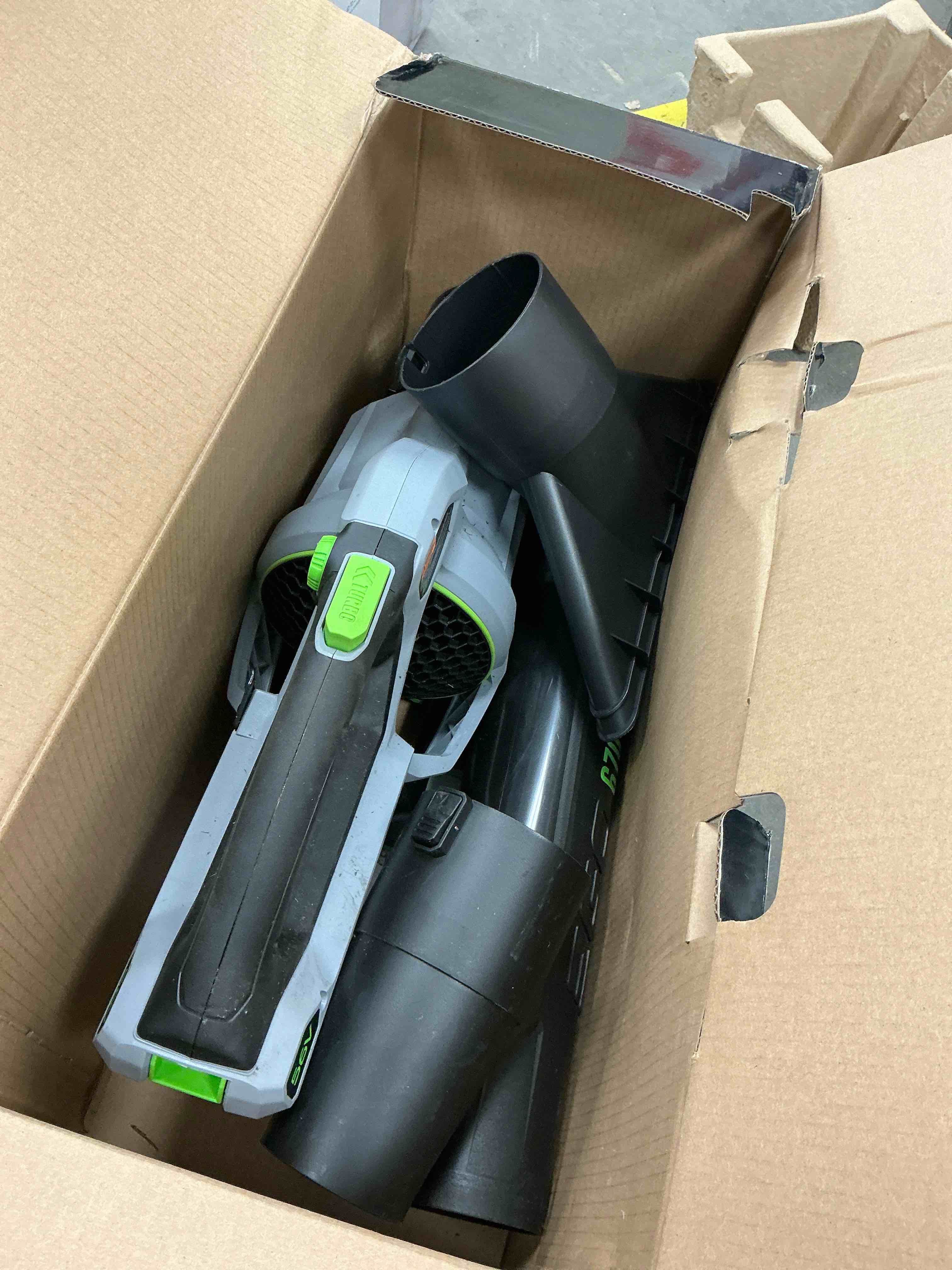Condition photo showing As Is for ego power+ 56-volt 670-cfm 180-mph battery handheld leaf blower battery not included charger not included