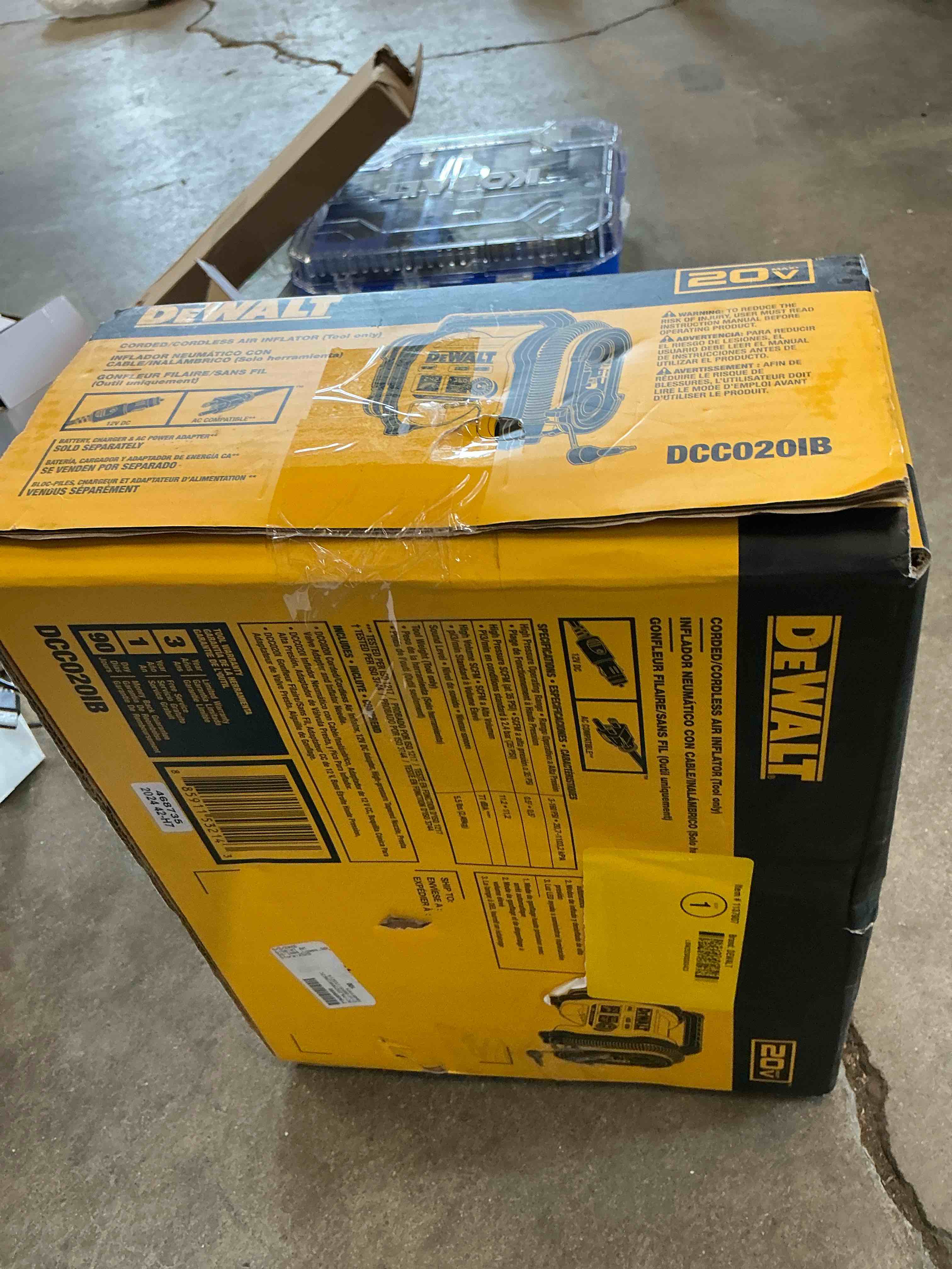 Condition photo showing New/Like New for dewalt tire inflator portable air compressor 20v max, car air pump with automatic shut off, led light, tool only (dcc020ib) inflator tool only