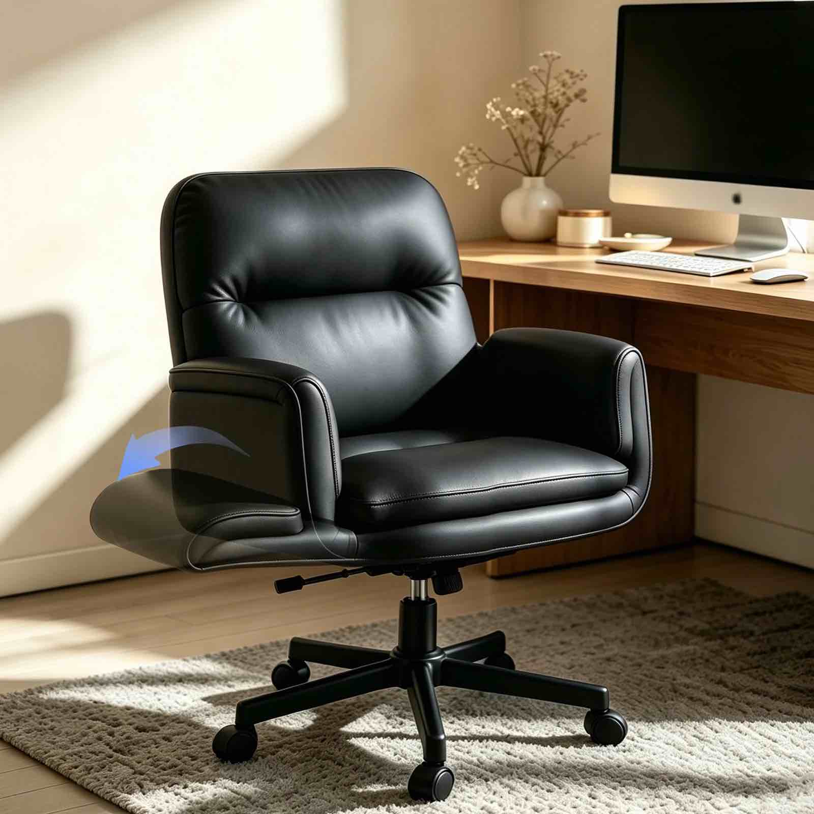 Patbrela PU Leather Office Chair, Ergonomic Criss Cross Desk Chair with Adjustable Armrests, Swivel Chair Comfy Vanity Chairs, Black